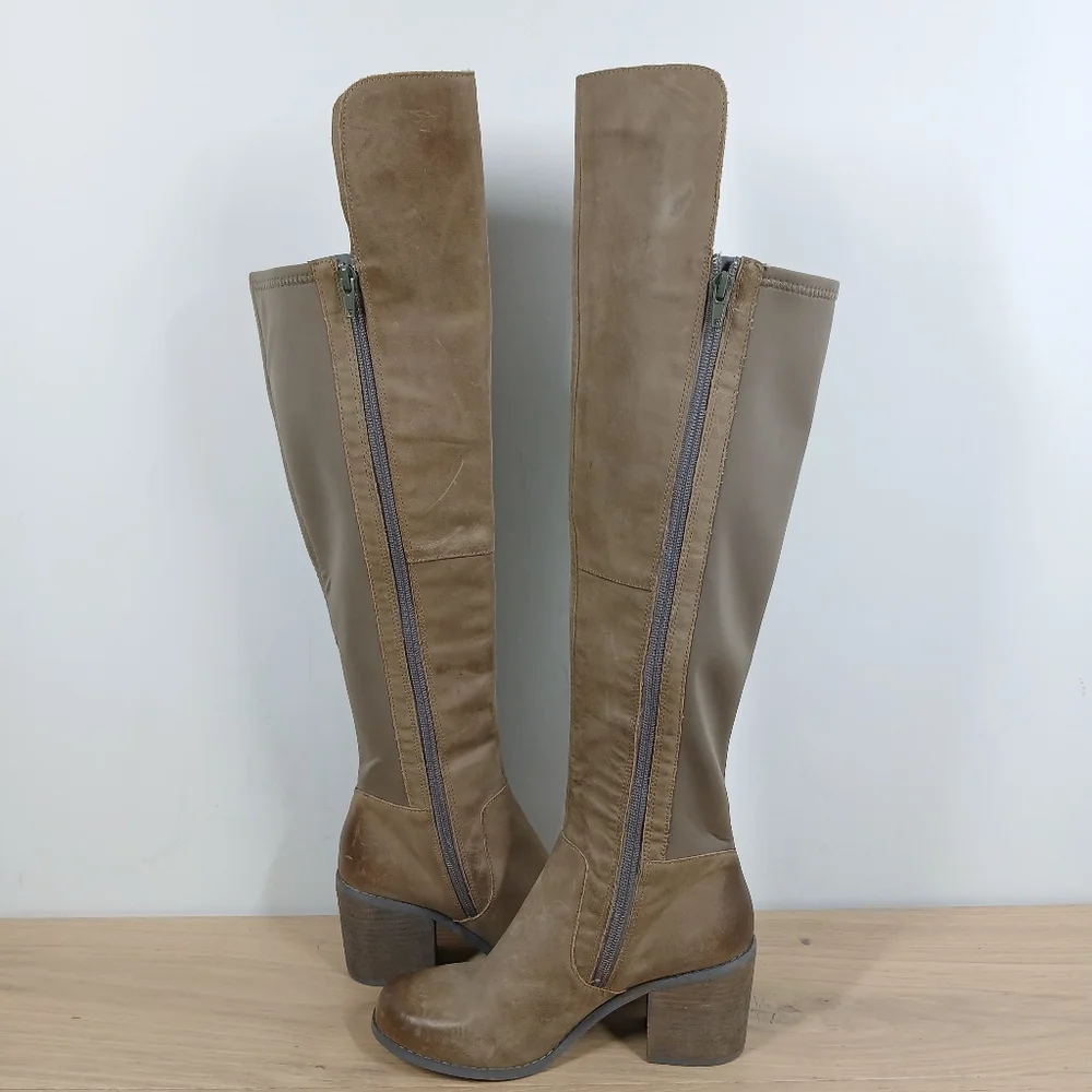 Joyfolie Grayson Tan Brown Leather Over the Knee‎ Stretch Block Heel Boots 1579
